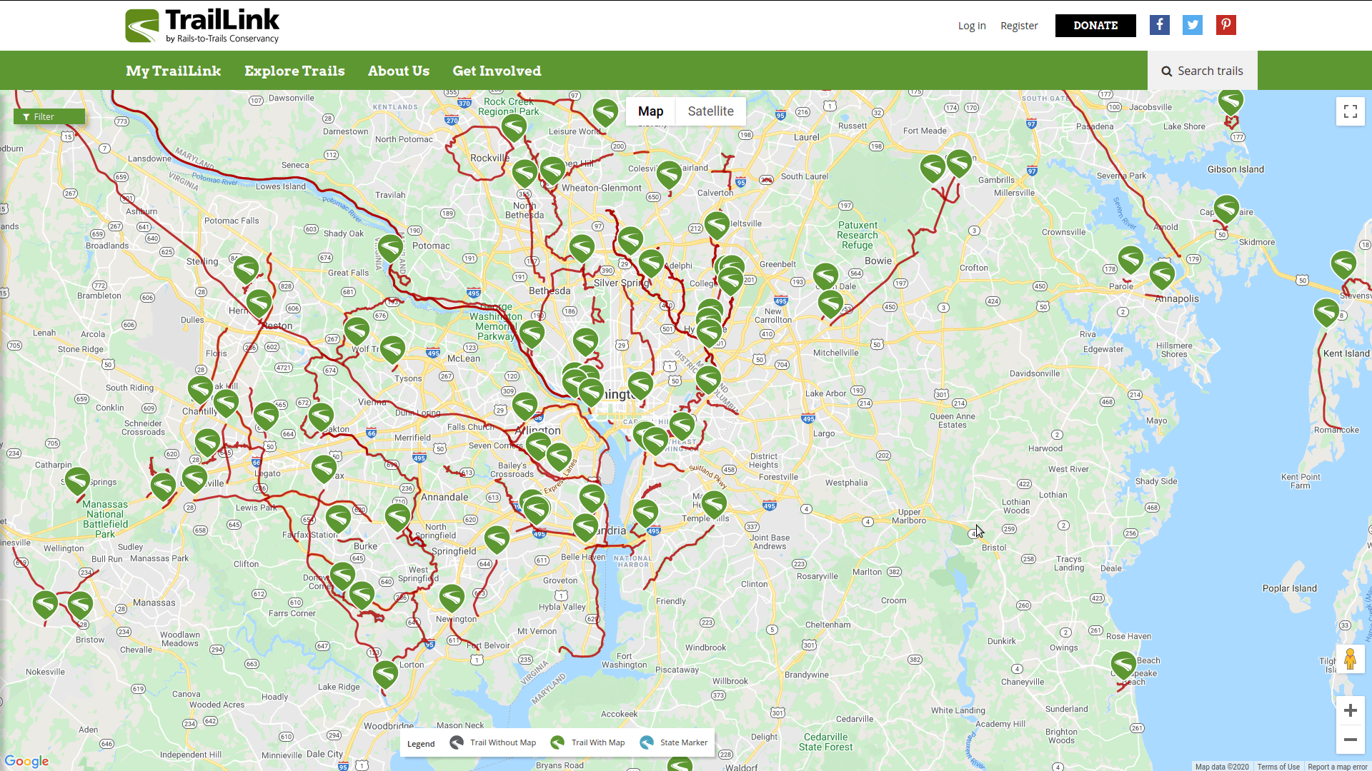 A screenshot of TrailLink's activity map.