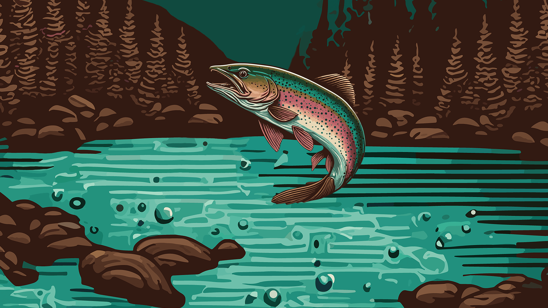 Digital art of a cartoon trout jumping out of a lake.