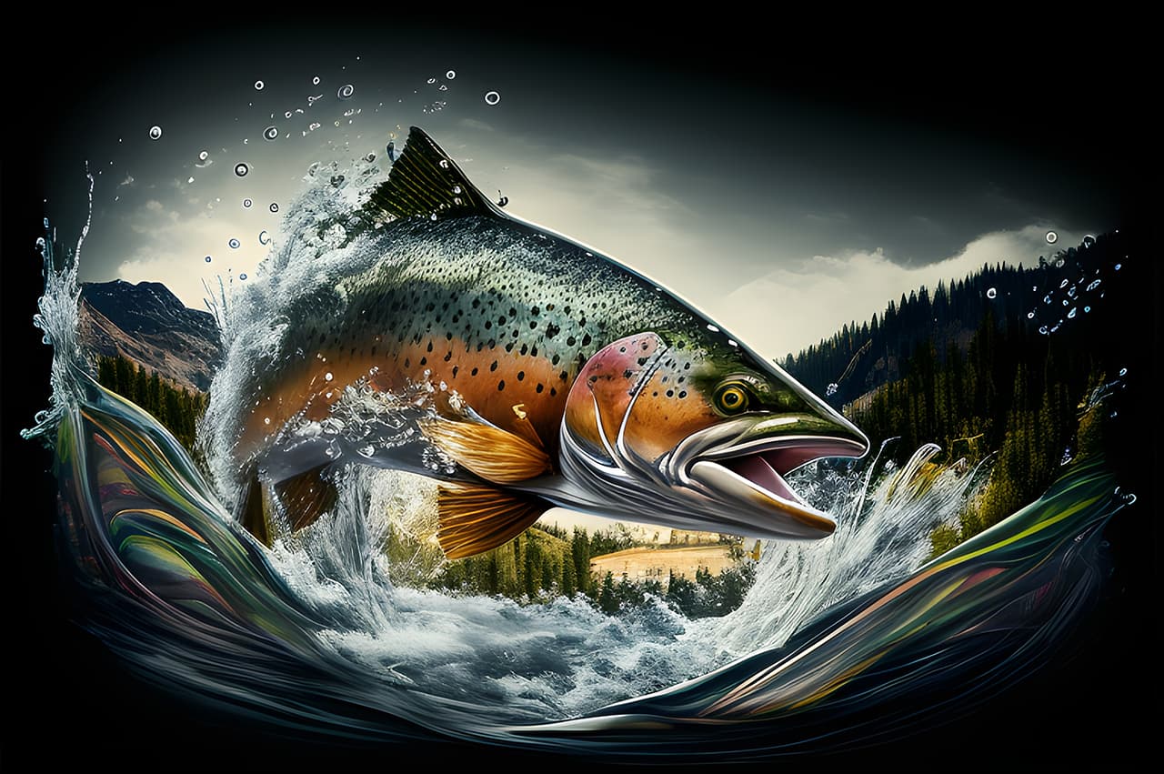 A fictional picture of a fish jumping out of the water. Drawn in digital ink and stylized with colored highlights in the water.