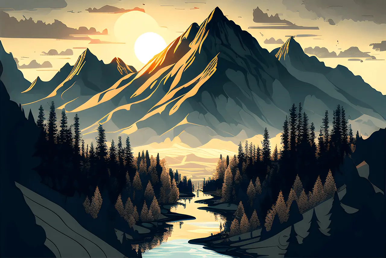 Beautiful view of a river valley with a mountain in the backdrop. Drawn in digital ink.