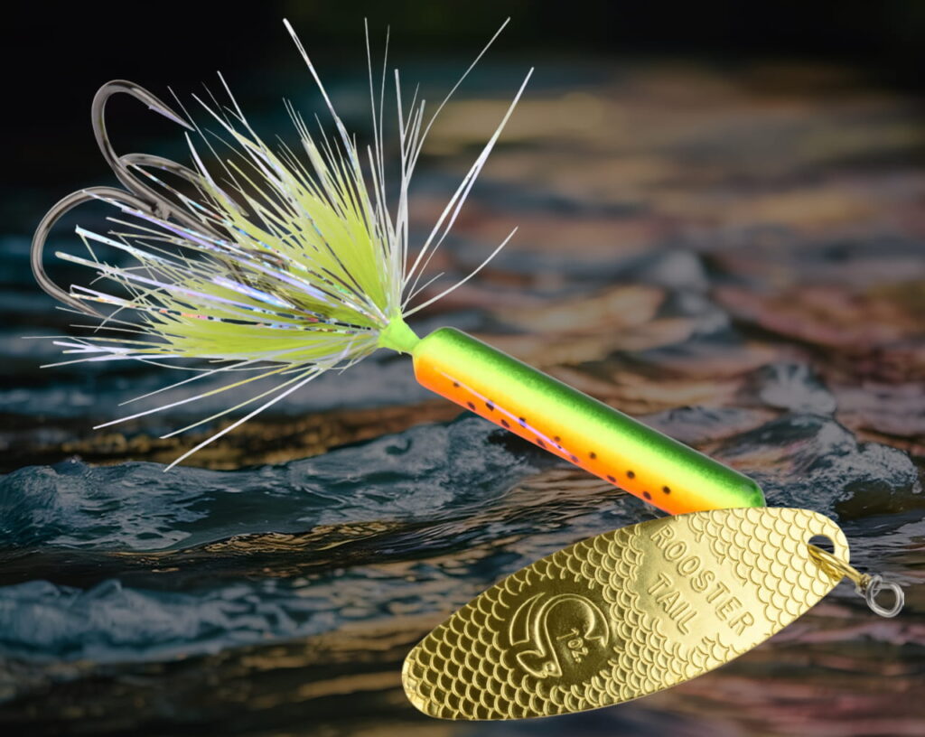 Joe Thomas Pro Series Rooster Tail by Yakima Bait. Gold blade, chartreuse and orange sinker, chartreuse and white tail dressing.