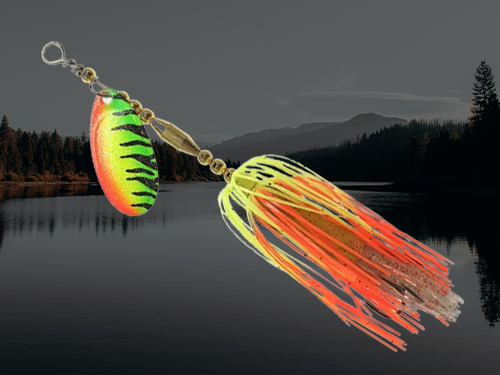 KMDA Incorporated Lil Wacker inline spinner with a firetiger-colored blade and dressing.