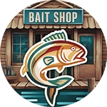 An artistic icon with a bait shop storefront and fish jumping.