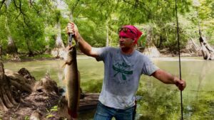 Justin Peden of Spirit of the Outdoors holds bowfin with lip grips. Top Strike spinner in its mouth. Mississippi swamp in the background.