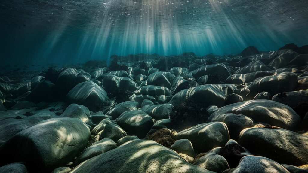 Distant underwater view of a rocky landscape with sunrays penetrating the surface of the water.