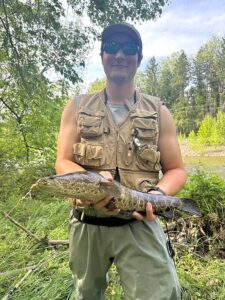 pkoutdoors of YouTube holds a northern snakehead with the Top Strike spinner in its mouth.