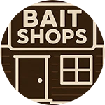 A button icon that reads "Bait Shops" and links to a page where Top Strike Fishing spinners are available for purchase at physical bait shops.